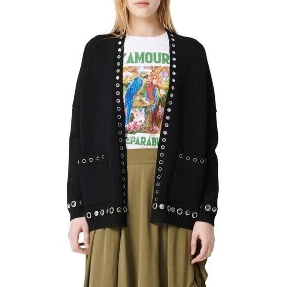 Maje Sweater Womens 1 US Small Black Cardigan Metallica Grommet Pockets Rock - Picture 1 of 14